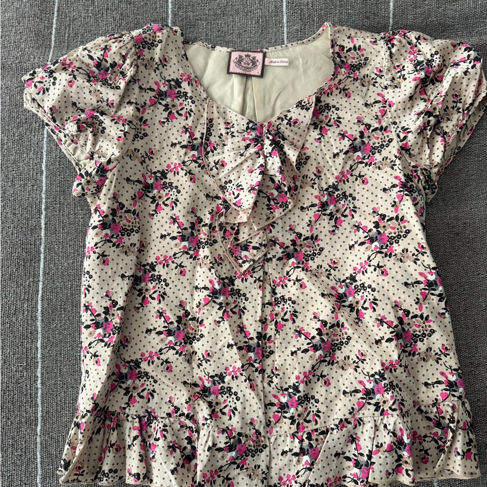 Chanpagne Cream Satin Floral Ruffle Blouse with Pink & Black Accents